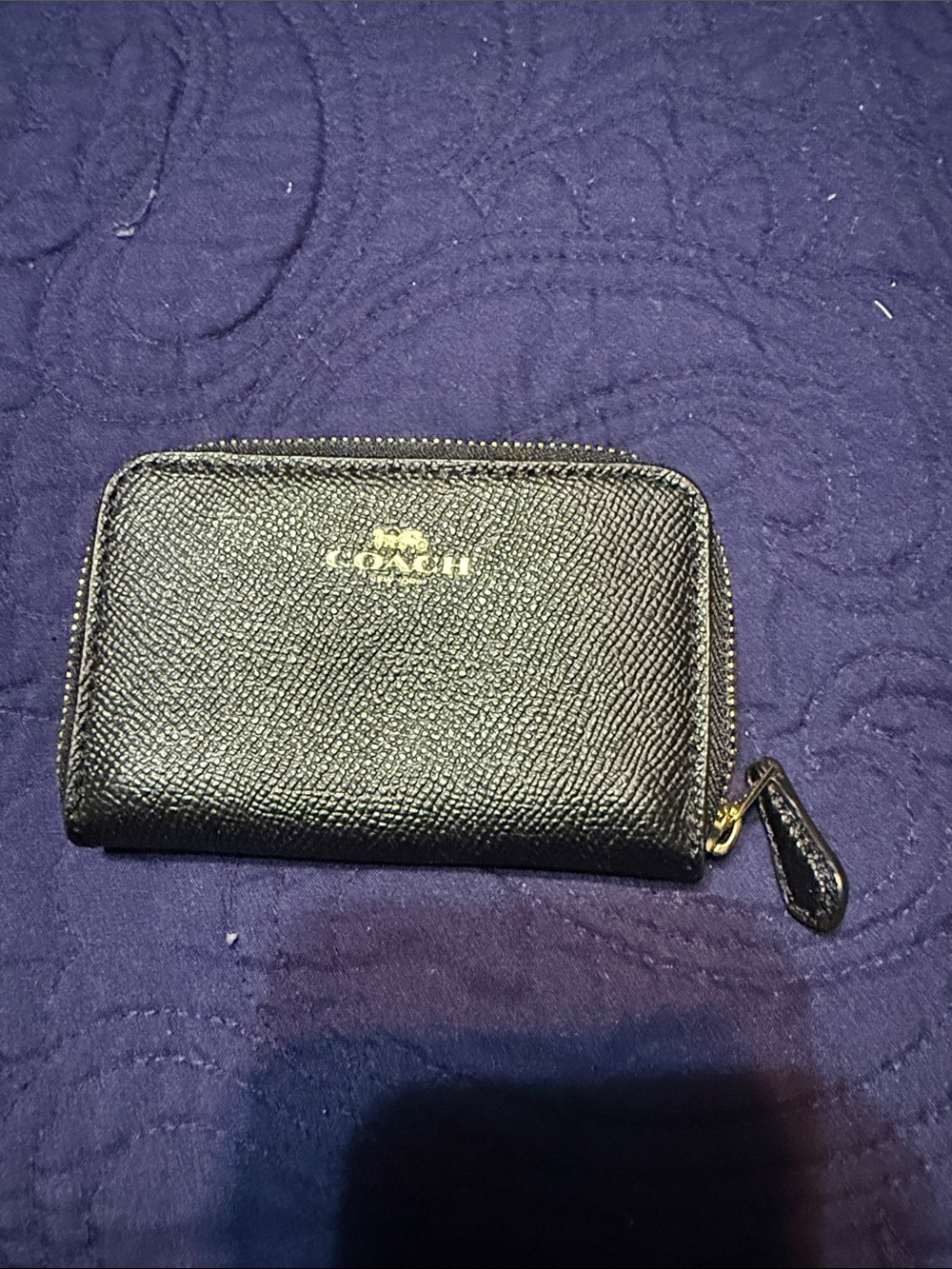 Coach Black Textured Leather Zip Card Case with Gold Logo